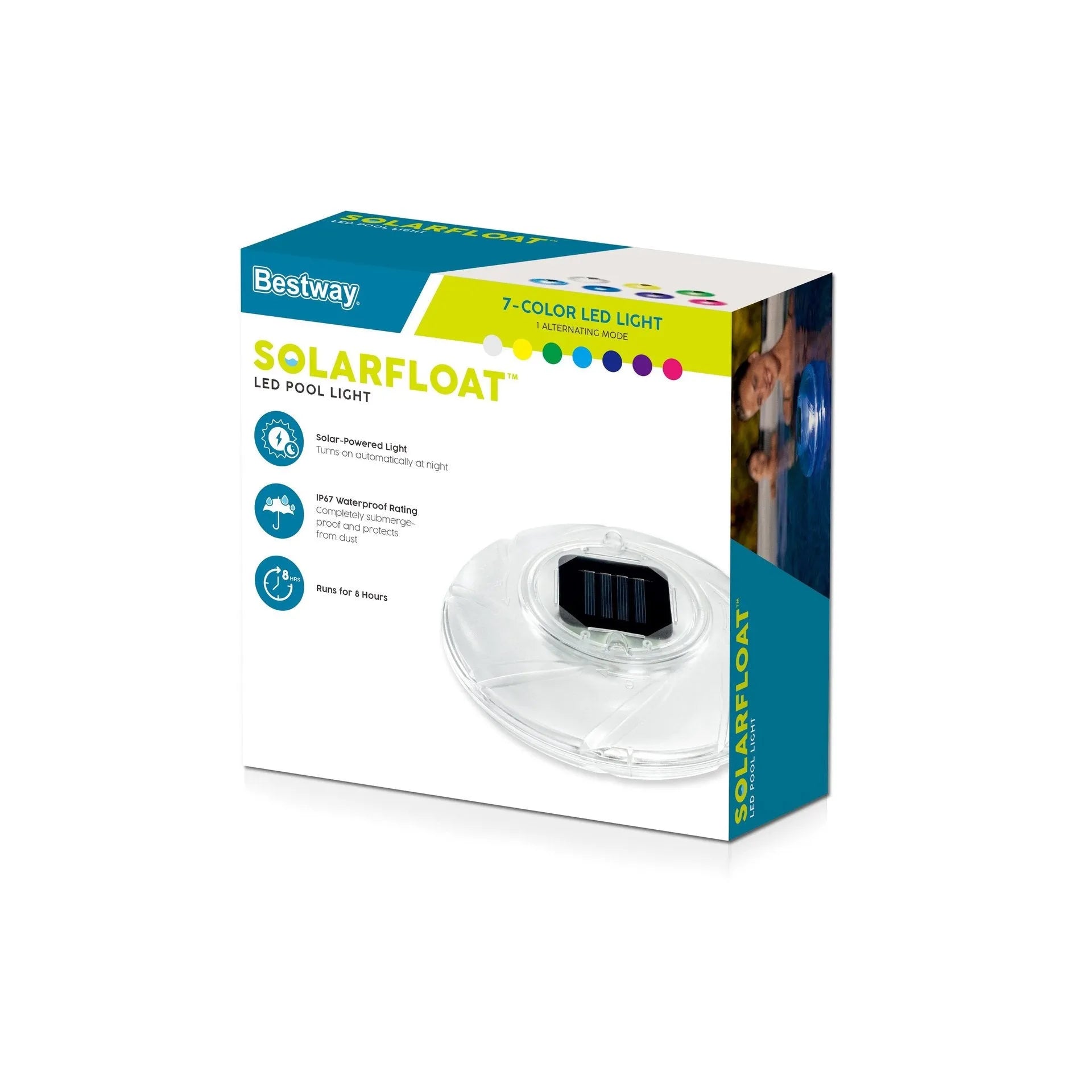 Bestway 58111 solar floating light floating on water surface in outdoor pool at dusk