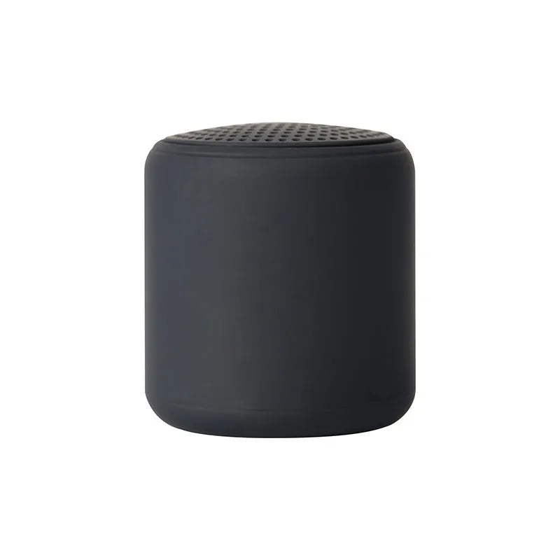 Mini portable wireless Bluetooth speaker in black with rounded edges and fabric grille, 45x48mm size