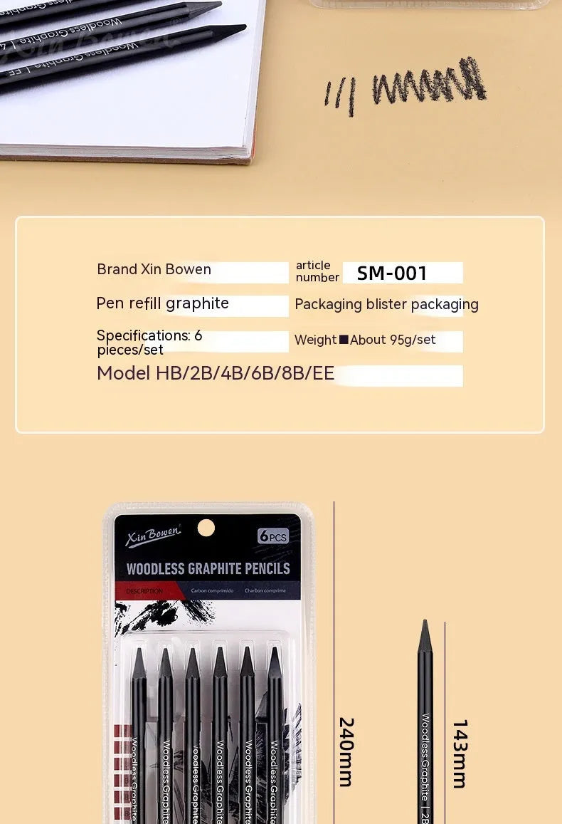 Set of six wood-free graphite sketching pencils with HB, 2B, 4B, 6B, 8B, EE gradings for art.