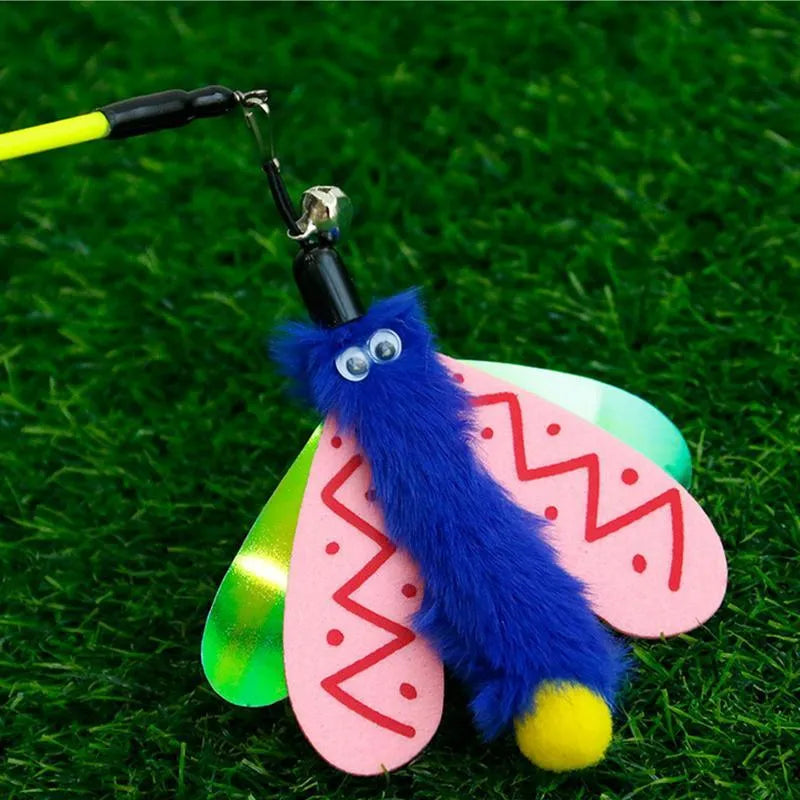 Blue cat wand toy with dragonfly attachment and bell on 49cm stick for interactive indoor cat play