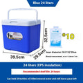 Blue portable insulated cooler box with aluminium foil interior lining showing multiple capacity options