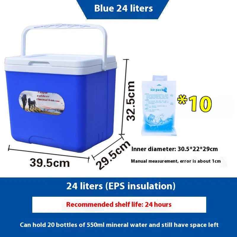 Blue portable insulated cooler box with aluminium foil interior lining showing multiple capacity options