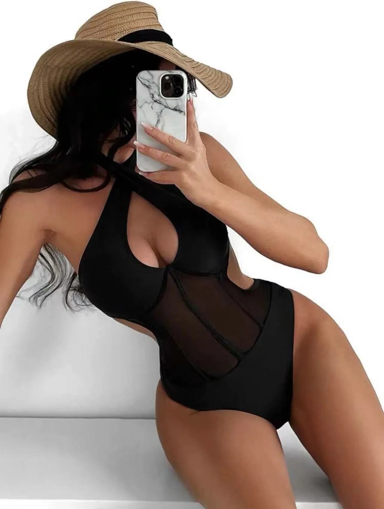 Women's black one-piece spun yarn swimsuit showing front view with nylon-spandex fabric blend