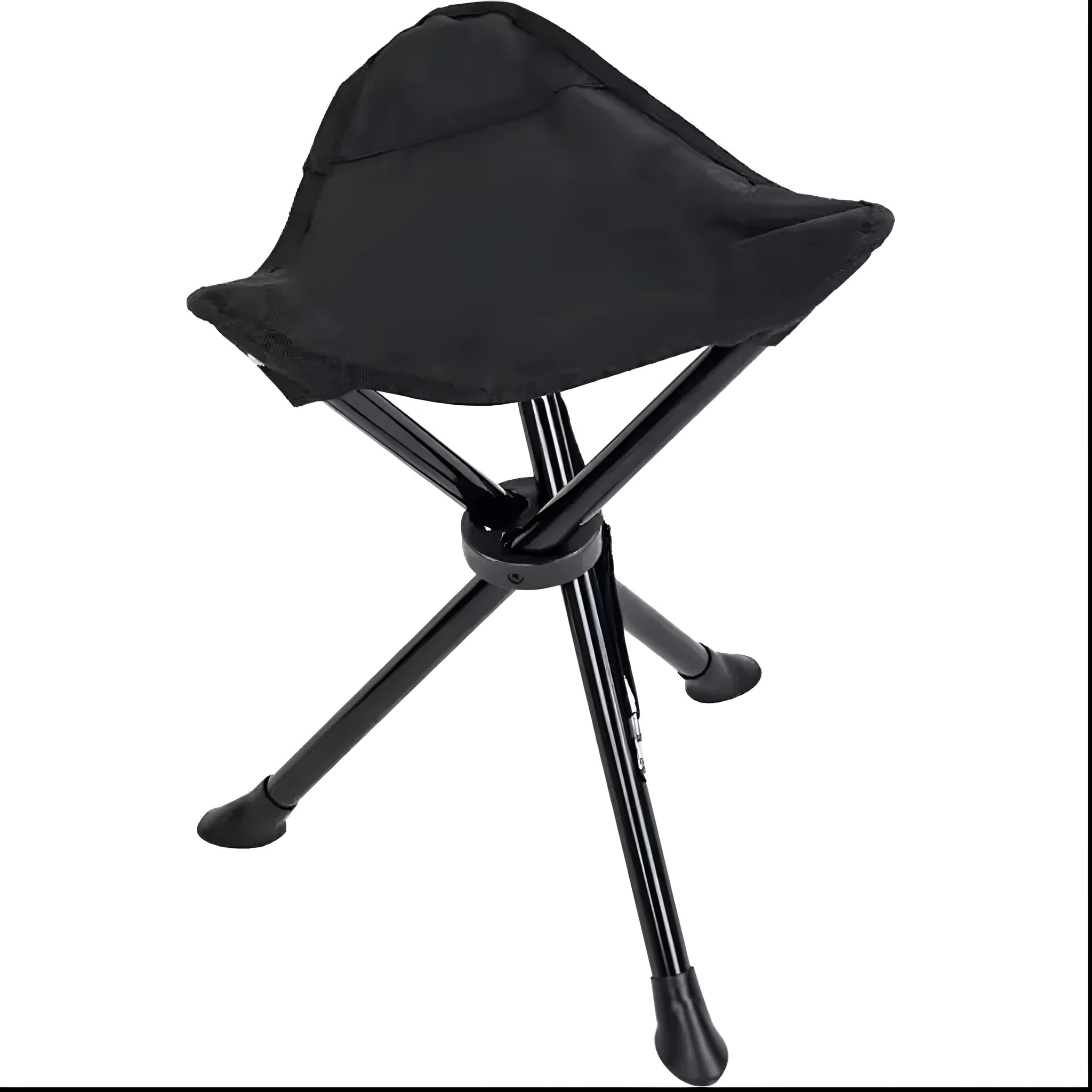 Green folding camping stool with aluminium tripod legs set up outdoors on grass