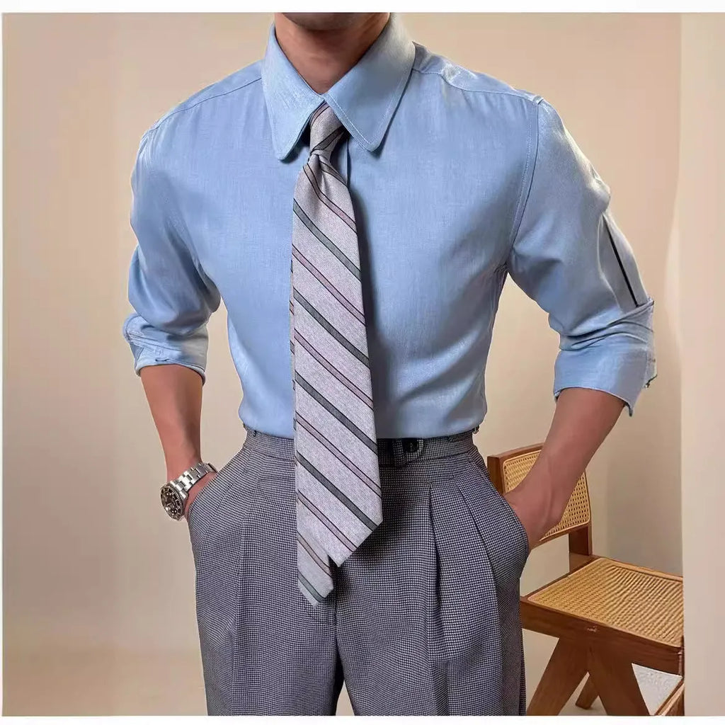 Men's slim fit long sleeve shirt with round collar in sky blue and denim blue colour options