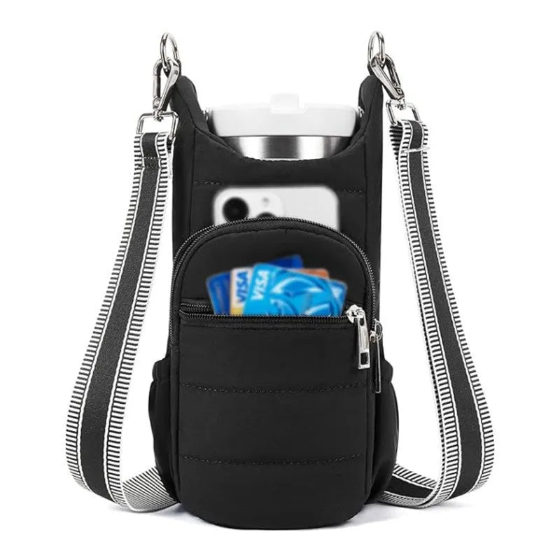 Cloth water bottle bag with adjustable shoulder strap for bicycles in black, pink, and beige colours.