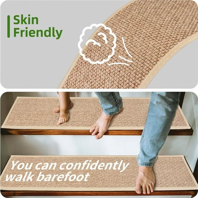 Japanese-style solid colour linen-like stair mat on wooden steps, 20cm by 76cm.