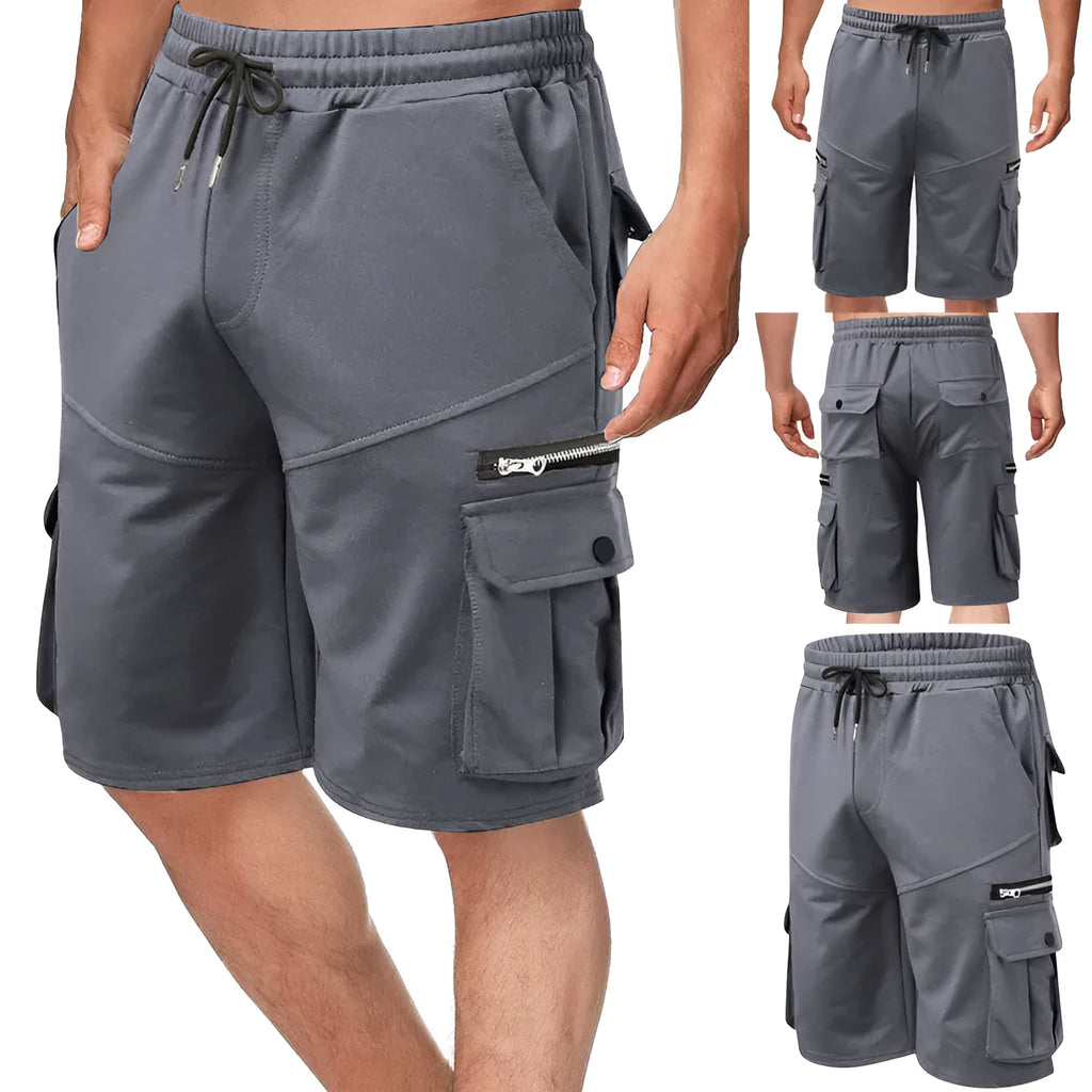 Men's summer double pocket zipper shorts in polyester with cotton lining, mid waist, fifth length, available in eight colours