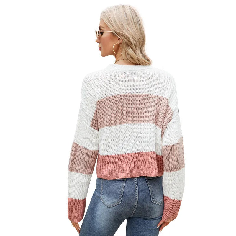 Women's striped pullover sweater in short 40cm length with loose casual fit