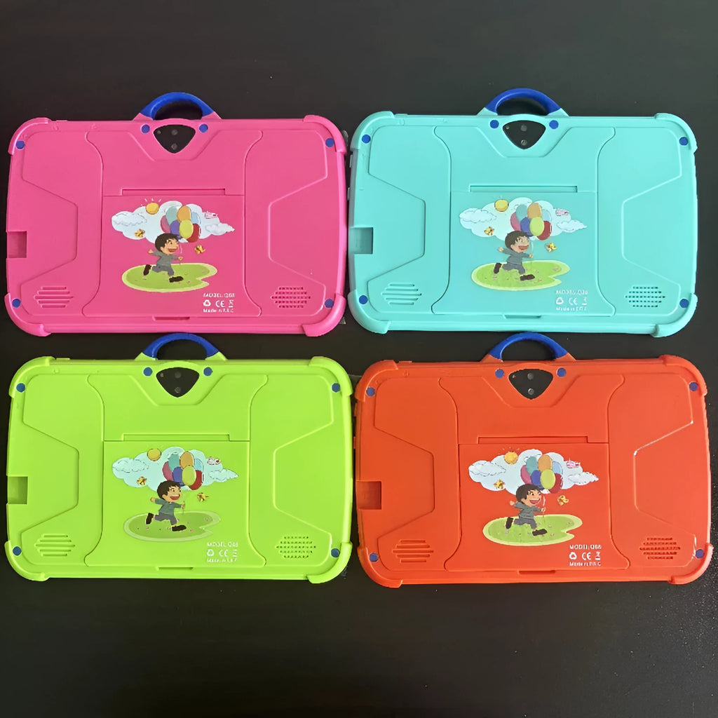 Kids 7 inch tablet PC in sky blue with drop-resistant explosion-proof design showing IPS screen