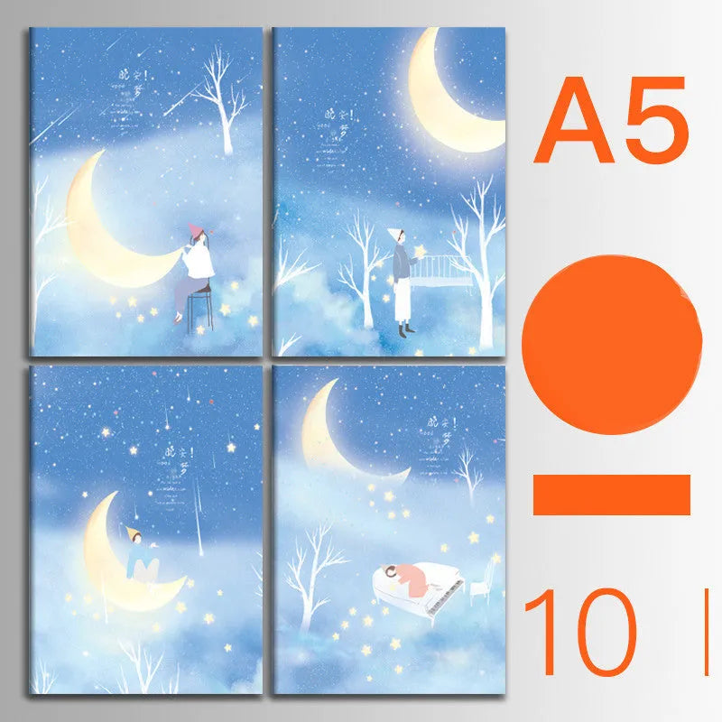 Pack of 10 A5 and B5 soft cover kraft paper notebooks with various designs, showing thread binding.