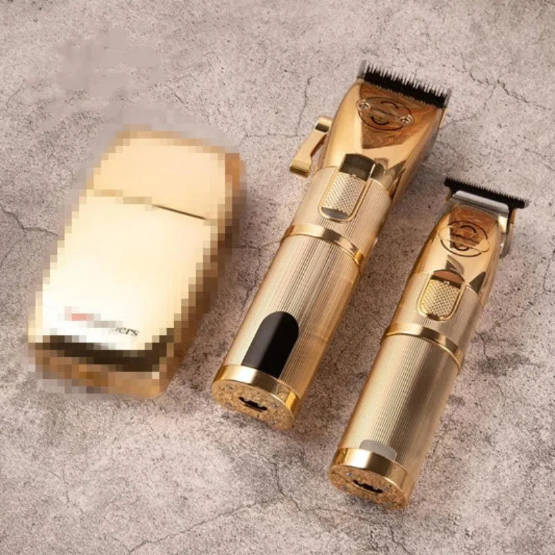 Gold-coloured cordless hair clipper with dual power charging, 25W motor, and US plug
