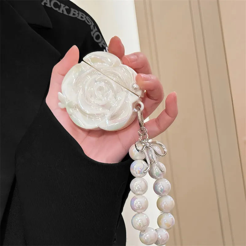Laser pearlescent white camellia silicone earphone case for Apple AirPods with lanyard