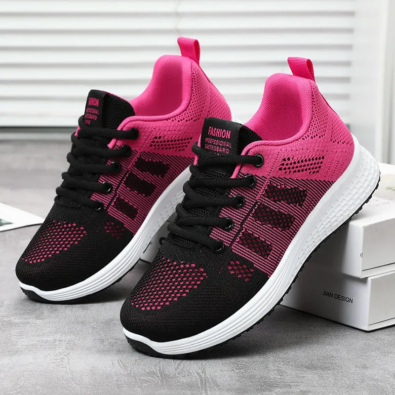Women's flyknit running shoes in rose red with soft flat sole and round toe