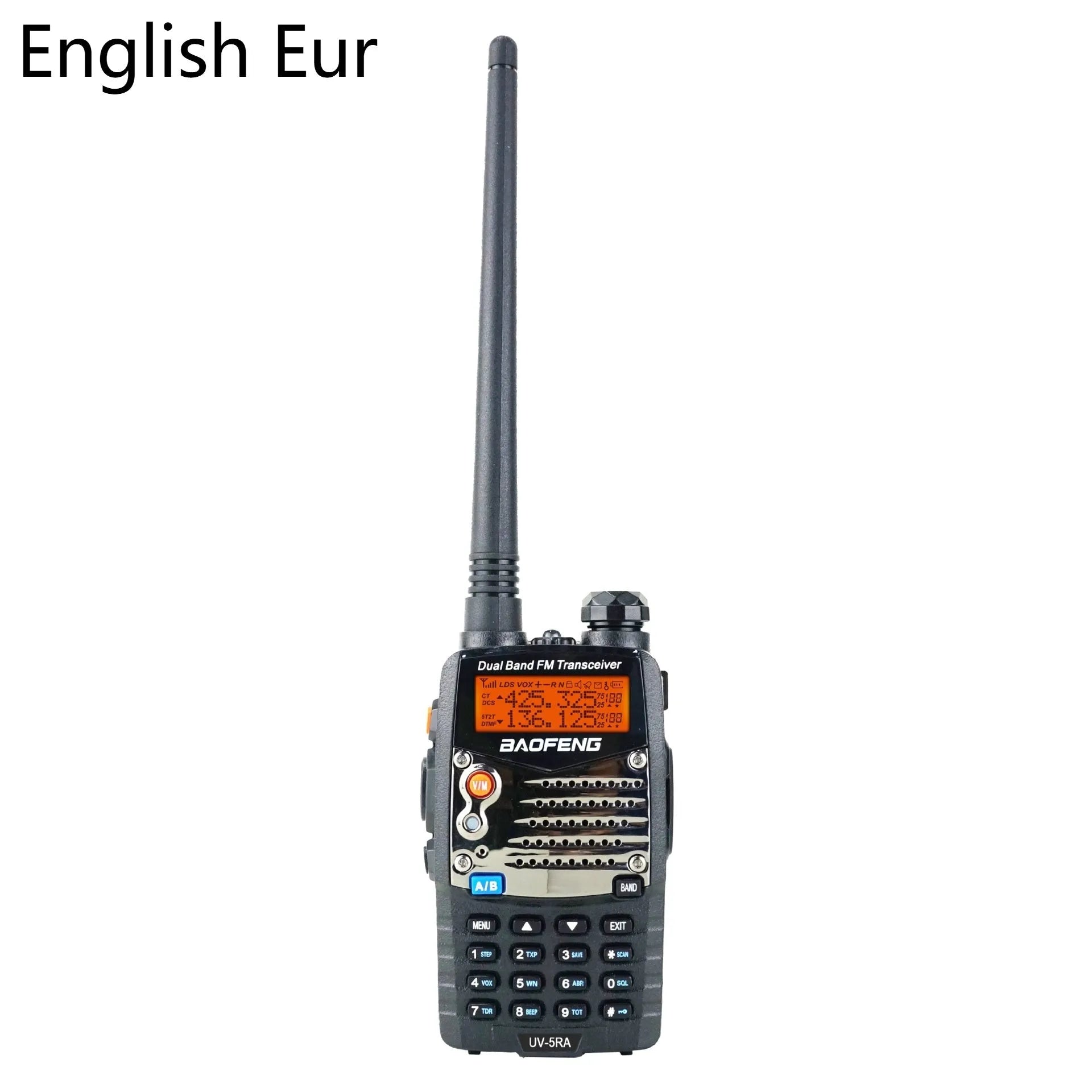 Baofeng UV-5RA handheld dual band two-way radio on a grey background.