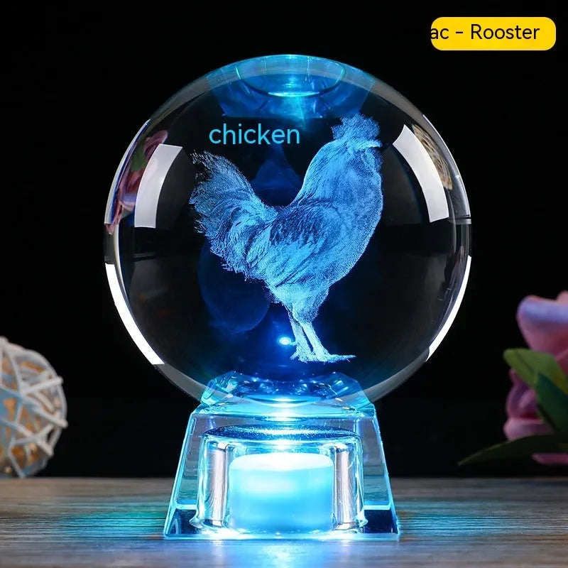 White crystal ball lamp with Chinese zodiac animal figurine on LED electronic base