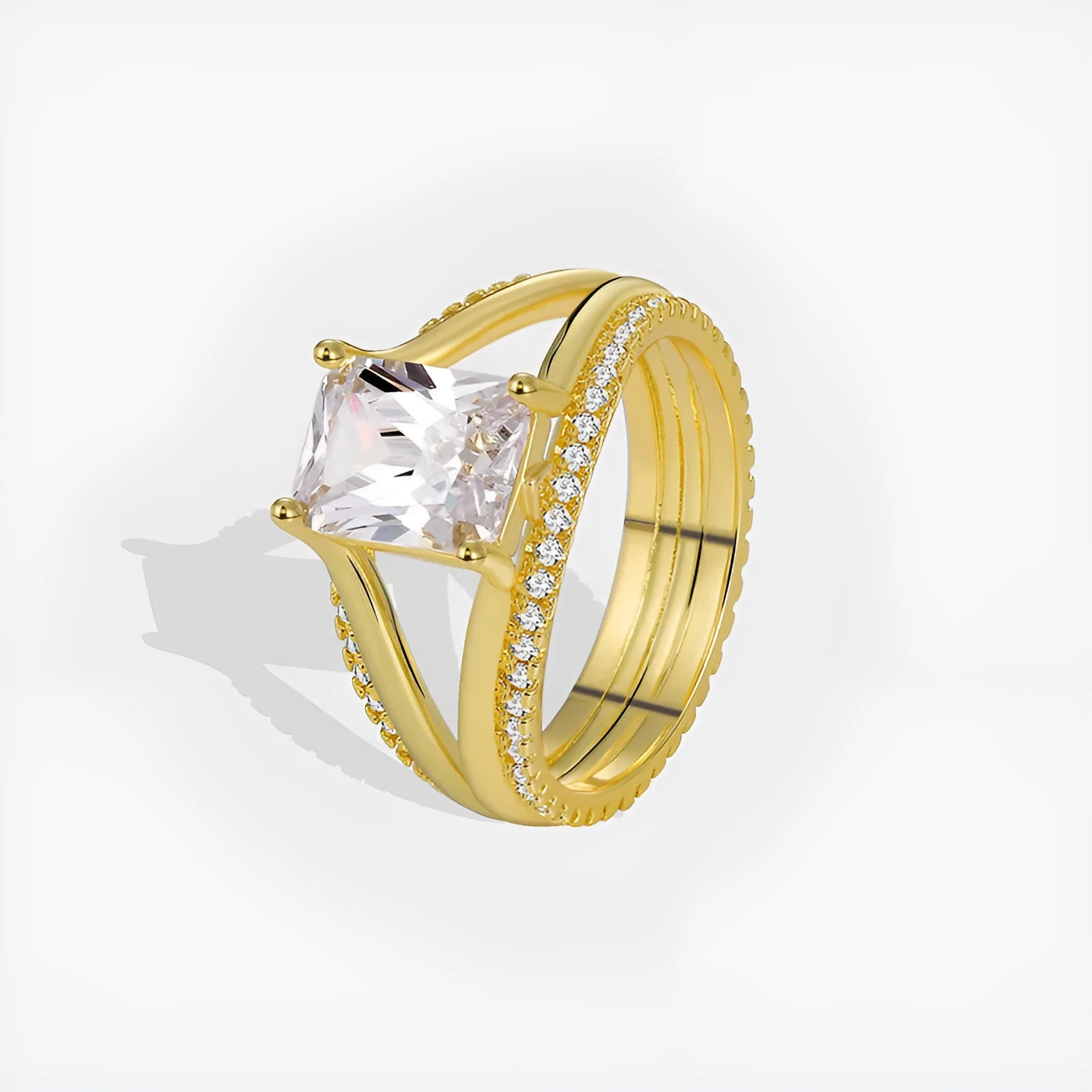 Women's geometric gold square zircon ring on copper band with electroplated finish