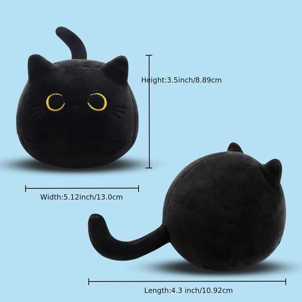 Black fluffy cat plush toy stuffed animal shown as a soft pillow cushion approximately 35cm long.