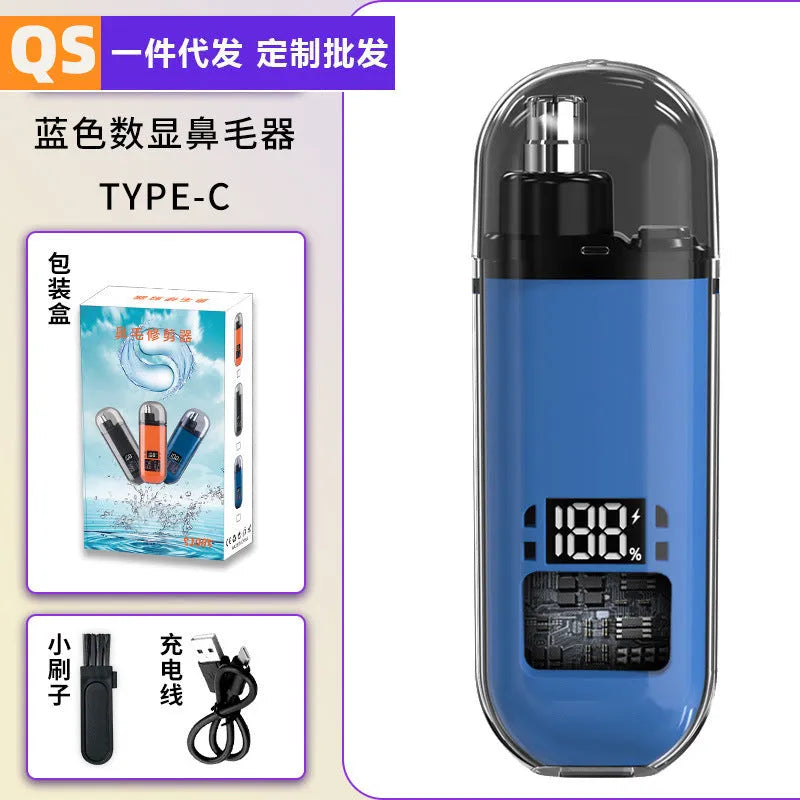 Rechargeable nose hair cleaner with digital display, removable cutter head, cleaning brush and charger