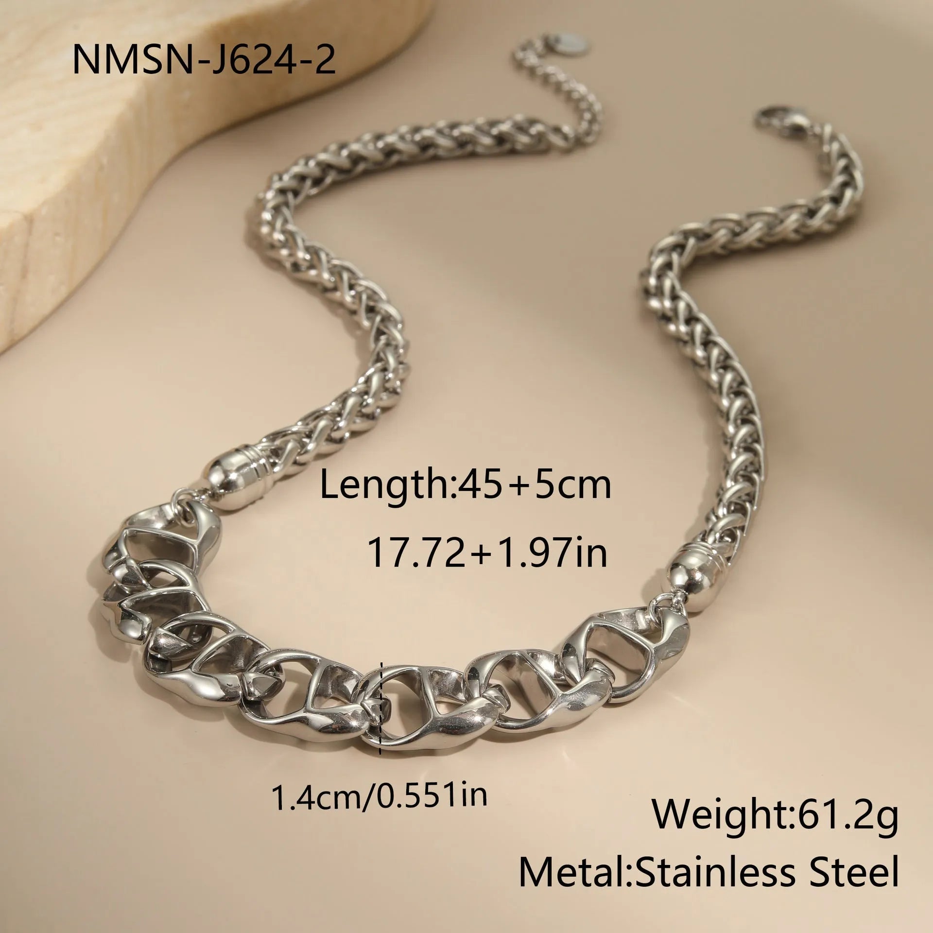 Stainless steel geometric chain necklace with 18K gold plating in gold or steel finish.