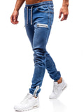 Men's cotton denim jeans with frosted zipper design, tight hip hop fit, available in dark blue, black, or light blue.