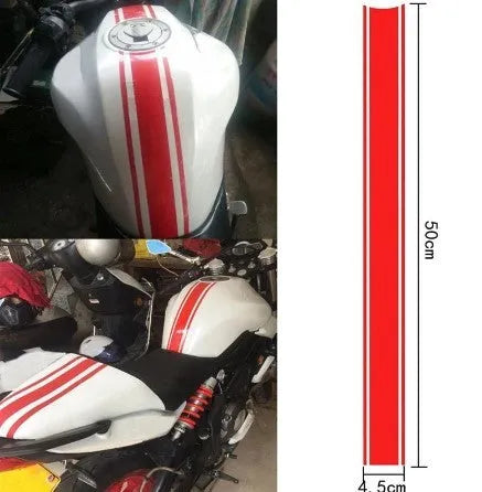 Motorcycle gas tank sticker with pinstripes measuring 50 by 4.5 cm in black, red, silver, yellow