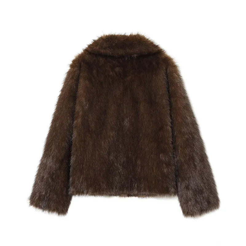 Women's double-sided artificial fur jacket coat in brown with faux fur collar