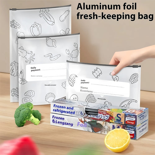 Pack of ten silver aluminium foil sealed storage bags in three different sizes on a white background.