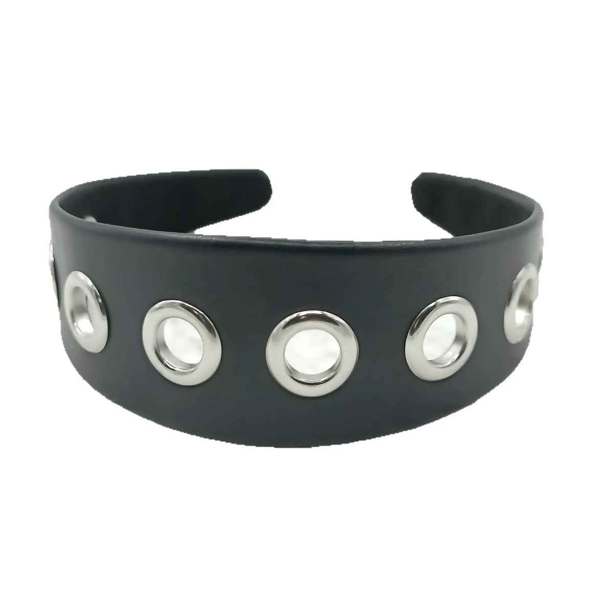 Black wide rivet headband for women, handmade artificial leather punk hair accessory with round square and dotted rivets