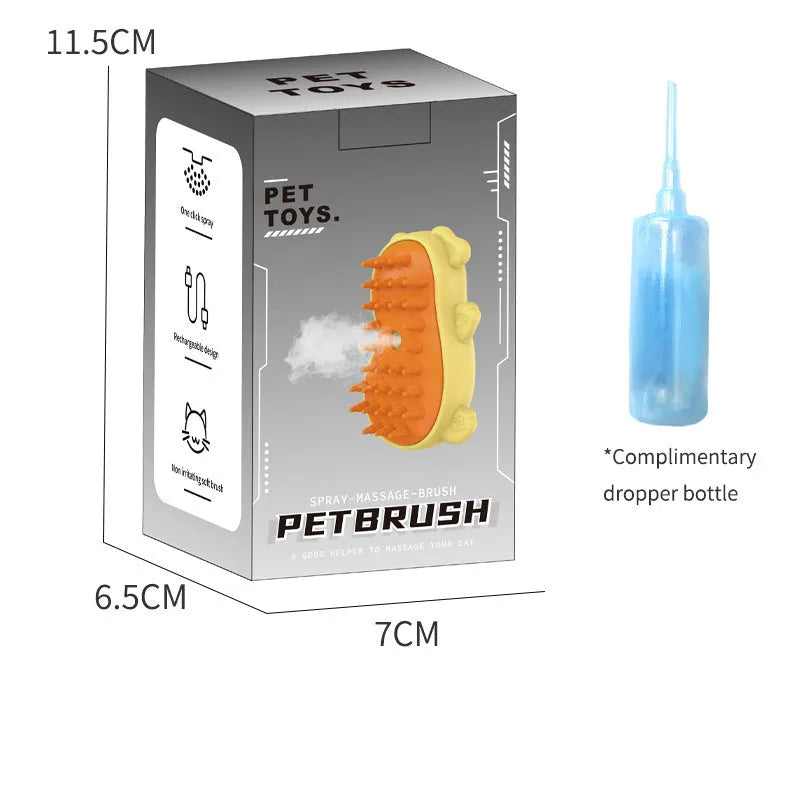Yellow electric one-click disposable spray pet grooming brush for cats and dogs on white background