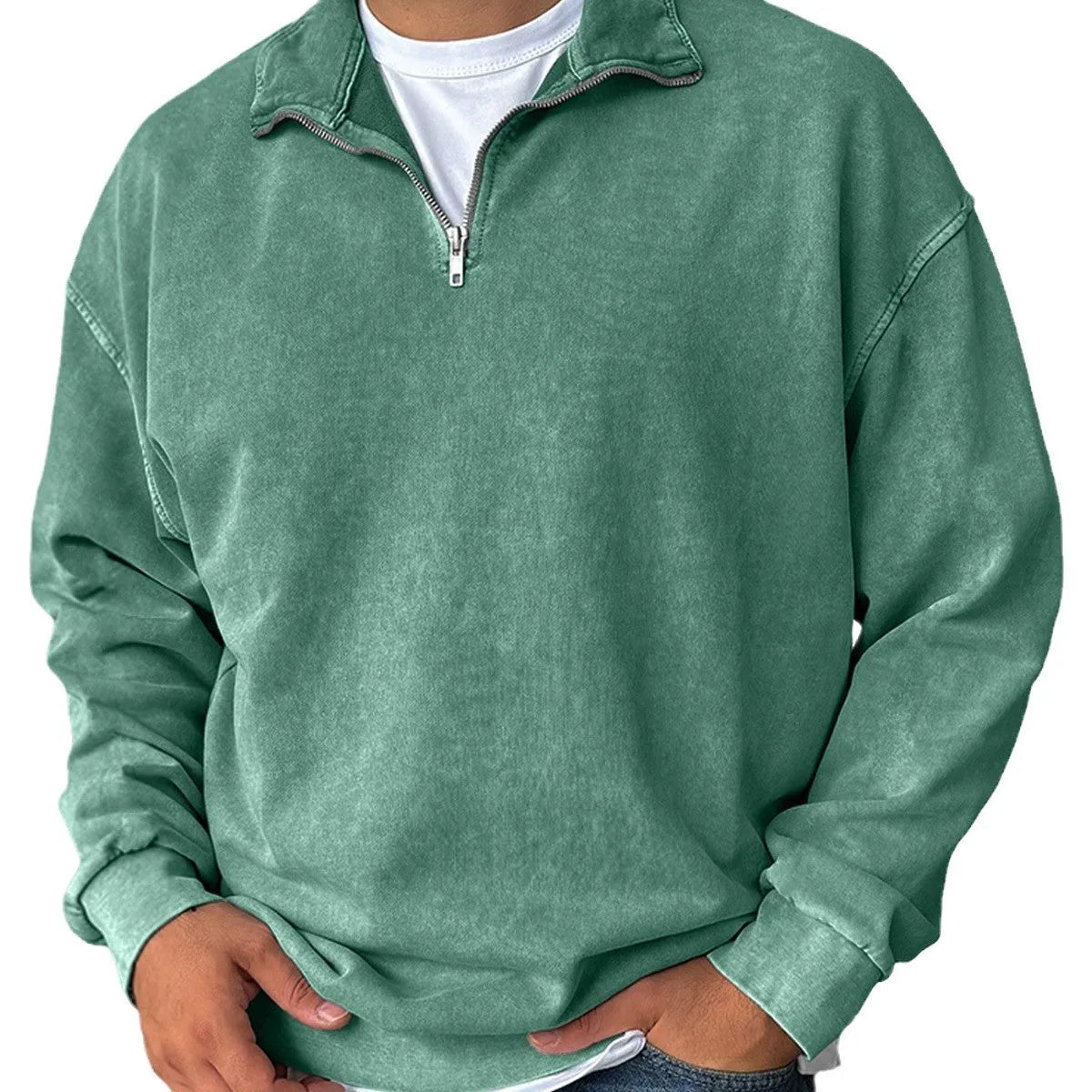 Men's loose drop shoulder sweatshirt with stand collar, 100% cotton, long sleeve pullover in solid colours, sizes S to 4XL
