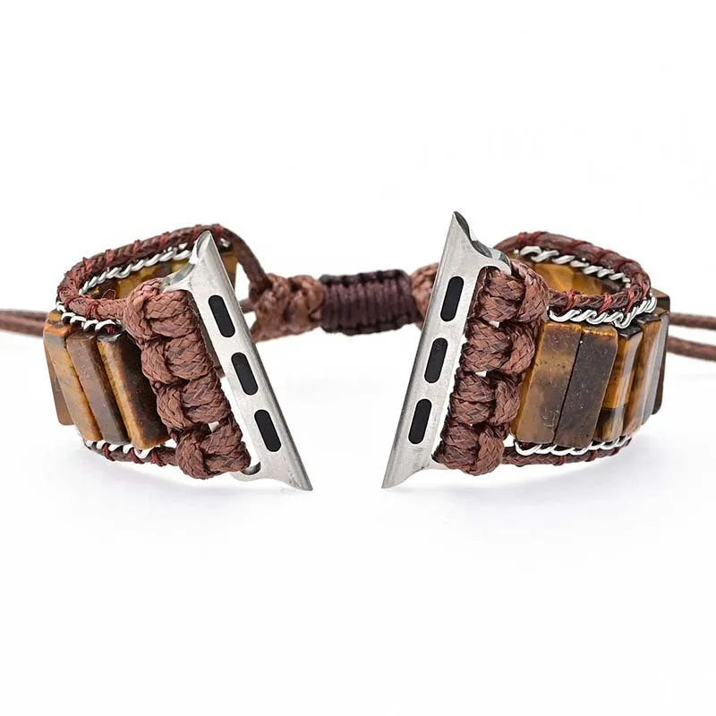 Men's rectangular tiger eye stone on a metal chain, attached to a brown adjustable textile watch strap.