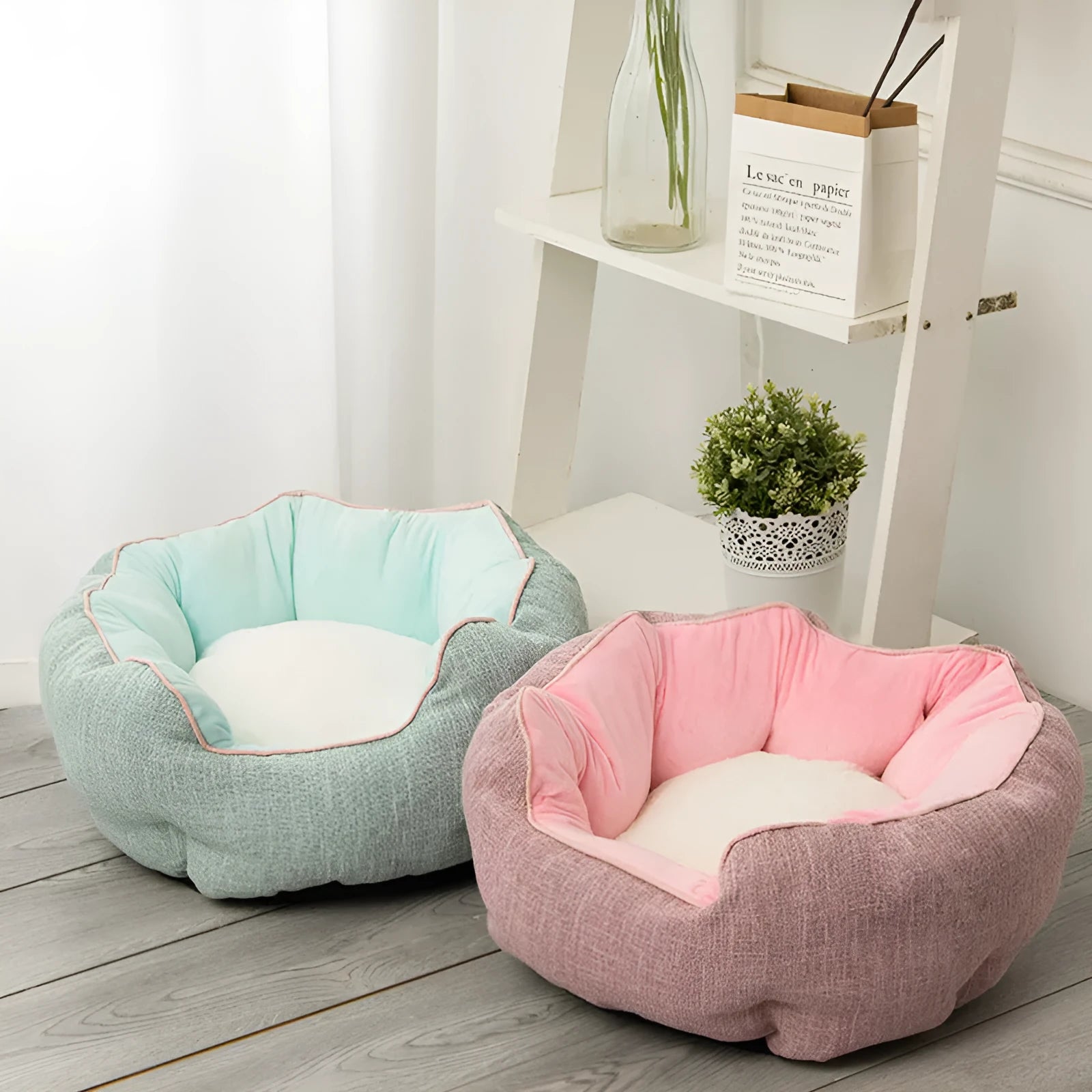 Blue octagonal pet bed with removable mat for cats and small dogs