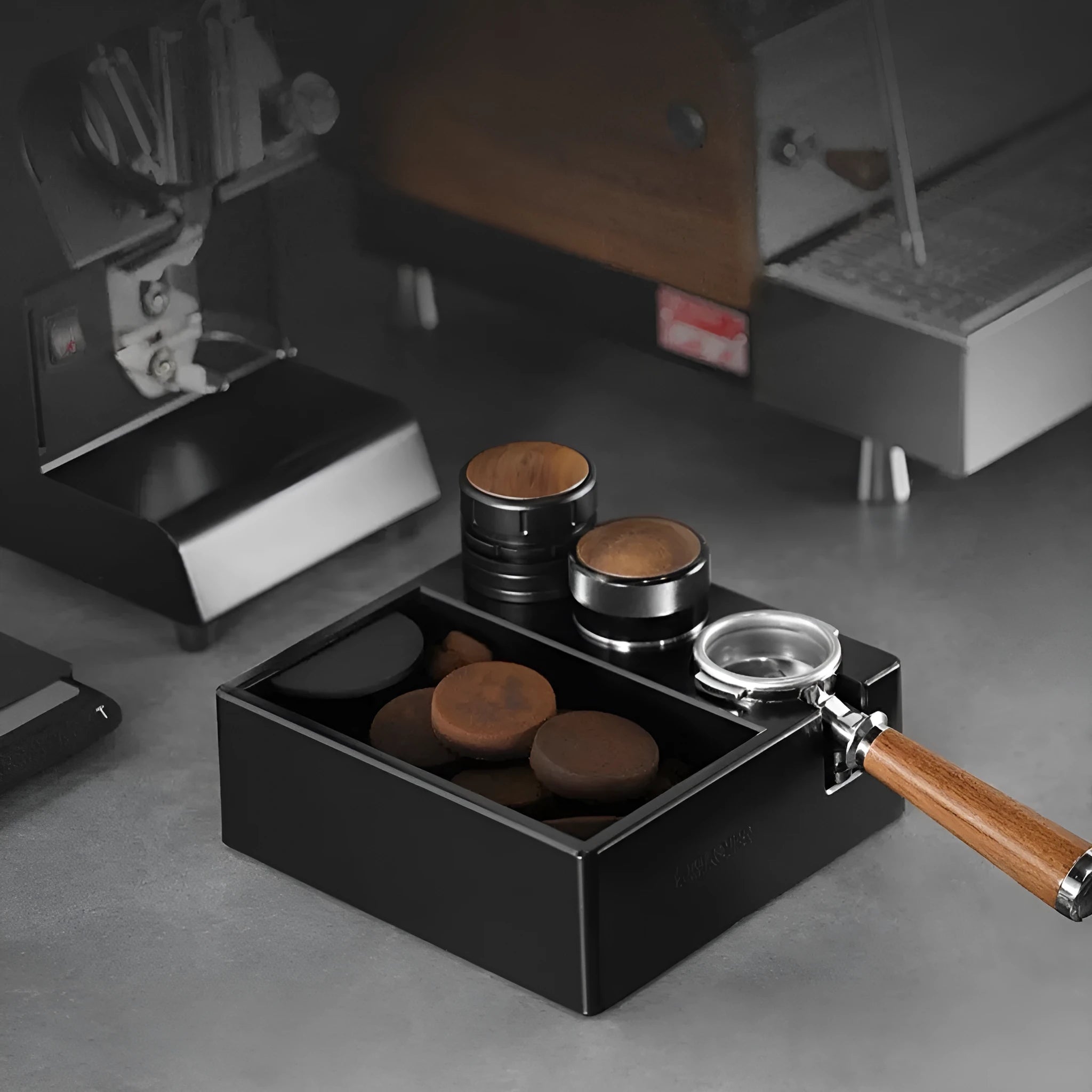Multifunctional ABS coffee grounds box and handle bracket with portafilter for 51-58mm universal fit