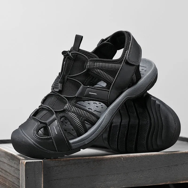Men's blue summer casual sports shoes with Velcro strap and mesh upper on a rubber sole.