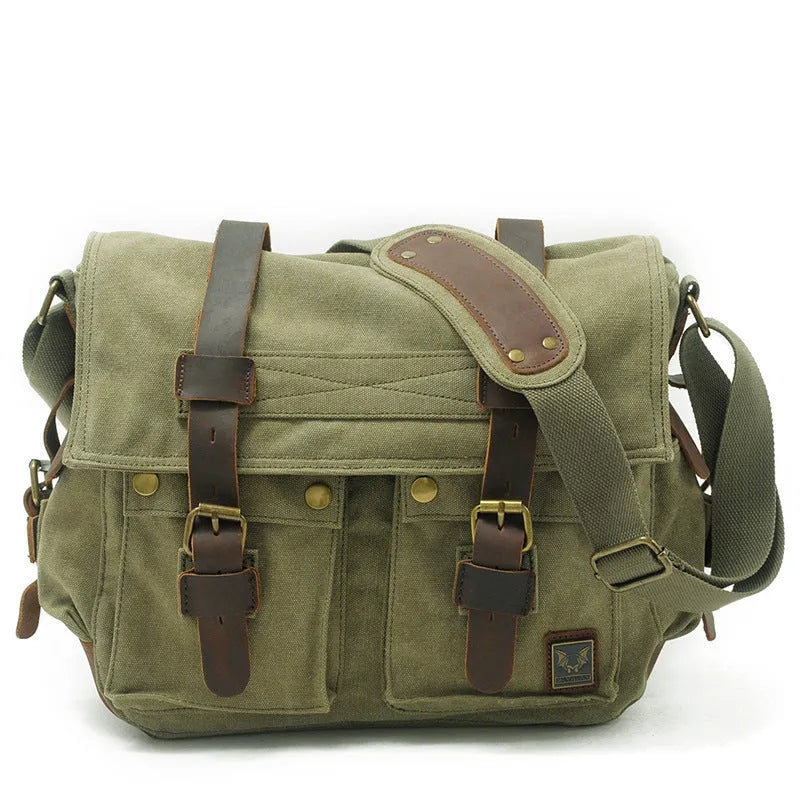 Men's retro canvas crossbody shoulder bag with flap closure and cowhide trim in Army Green colour.