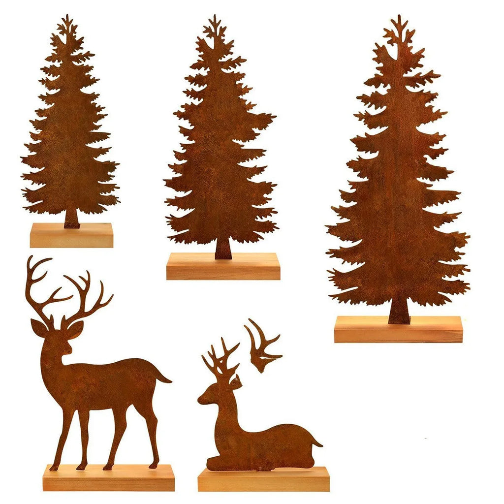 Set of three rustic metal Christmas decorations featuring elk and tree figures