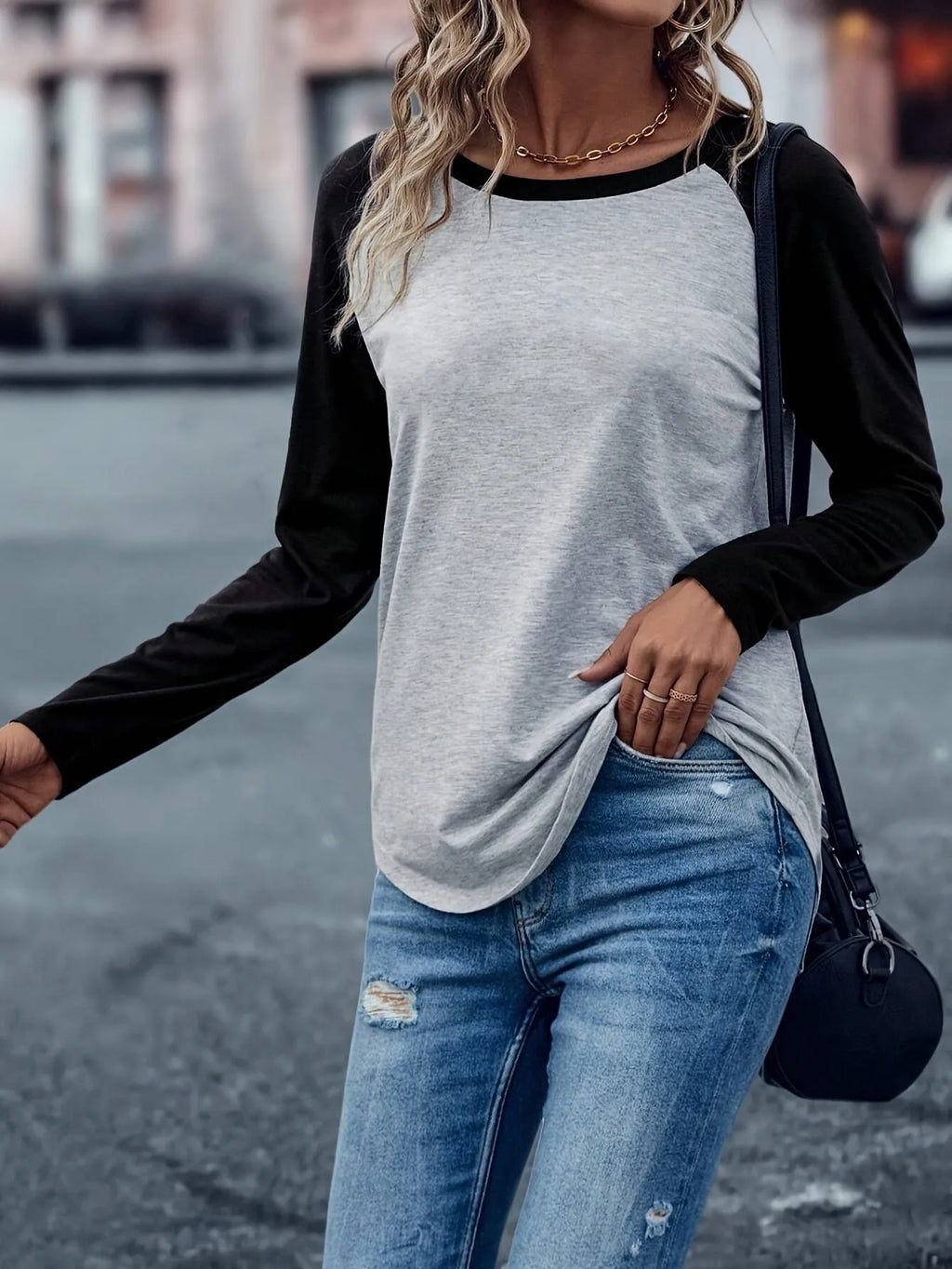 Black contrast colour polyester T-shirt, loose pullover, regular sleeves, Japanese Korean casual style, sizes S-2XL