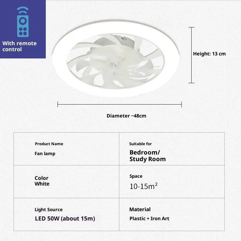 Minimalist ceiling fan lamp with plastic blades and remote control, 48cm diameter, modern style