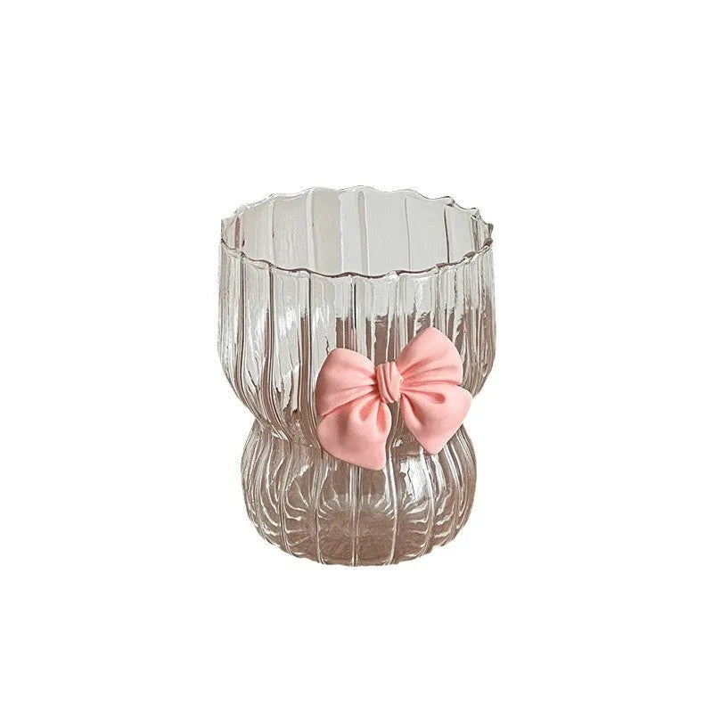 Pink bow borosilicate glass coffee cup, 350ml, 7.5cm diameter, 9cm height, cartoon pattern