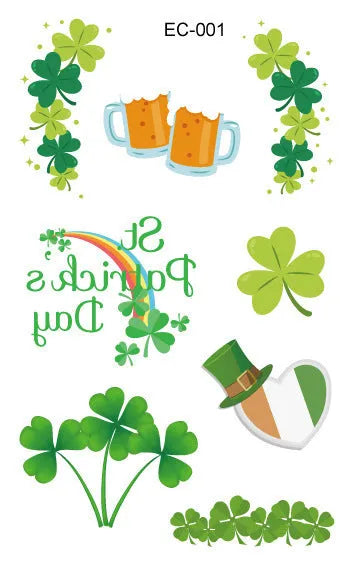 Irish festival temporary tattoo sticker with St. Patrick's Day shamrock design measuring 120×75mm