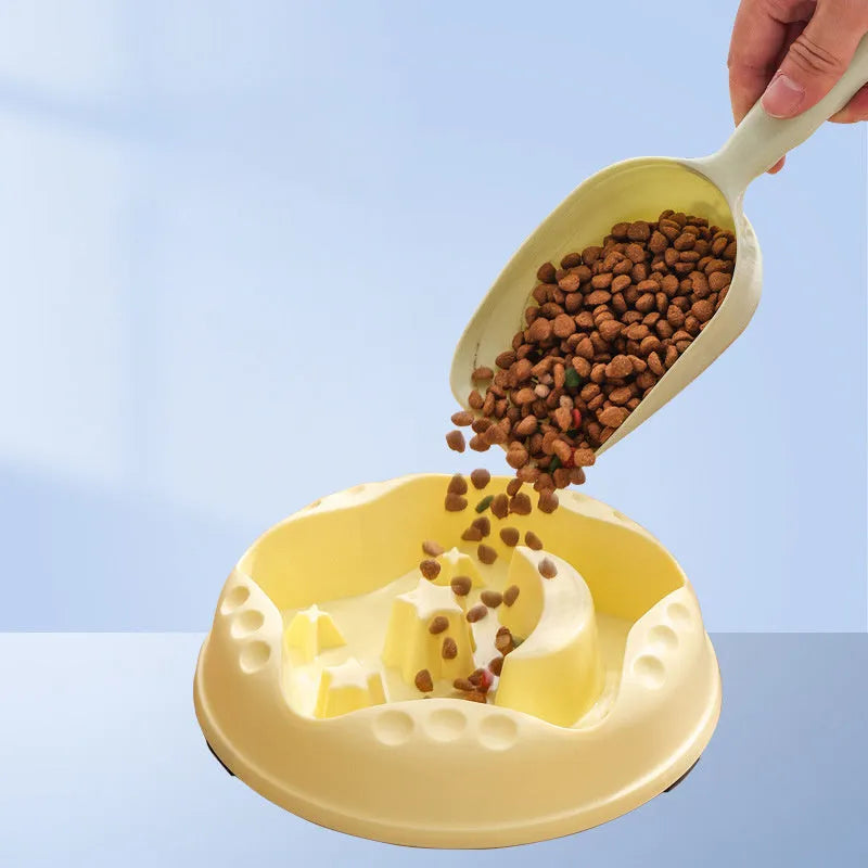 Moon Star Wings design large blue slow feeder dog bowl with raised centre on a white background