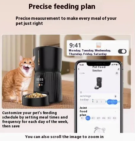 Black automatic pet feeder with digital display and food hopper on a floor