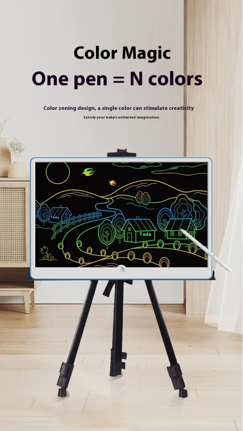 19-inch blue and white rechargeable LCD drawing board for children on a table.
