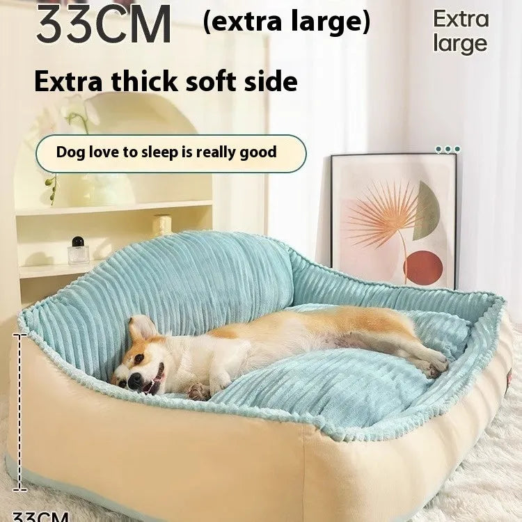 Morandi coloured removable washable dog house sofa bed for pets on a wooden floor.