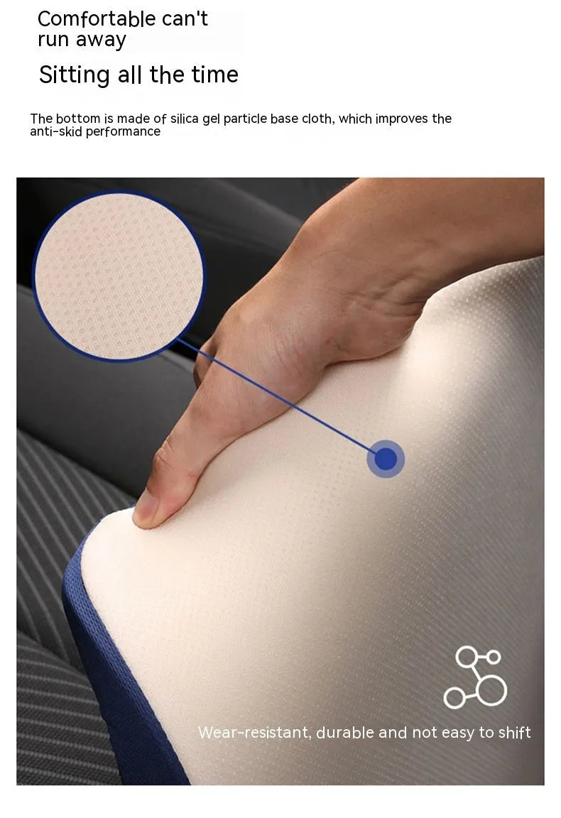 Black car seat cushion for height adjustment measuring approximately 42x39x6cm
