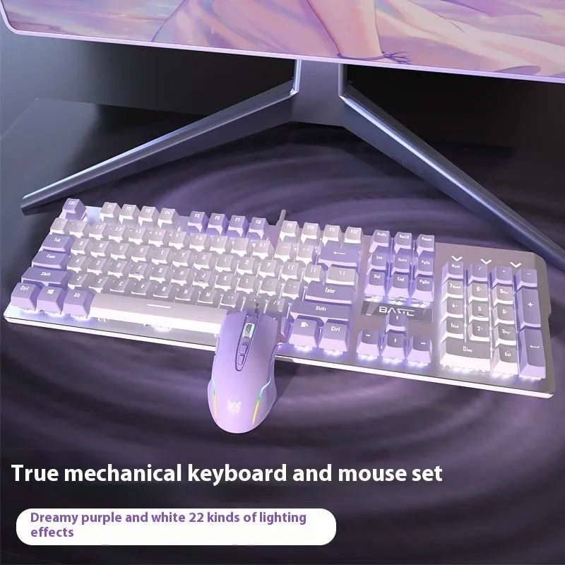 White and purple mechanical keyboard and mouse gaming combo with backlight