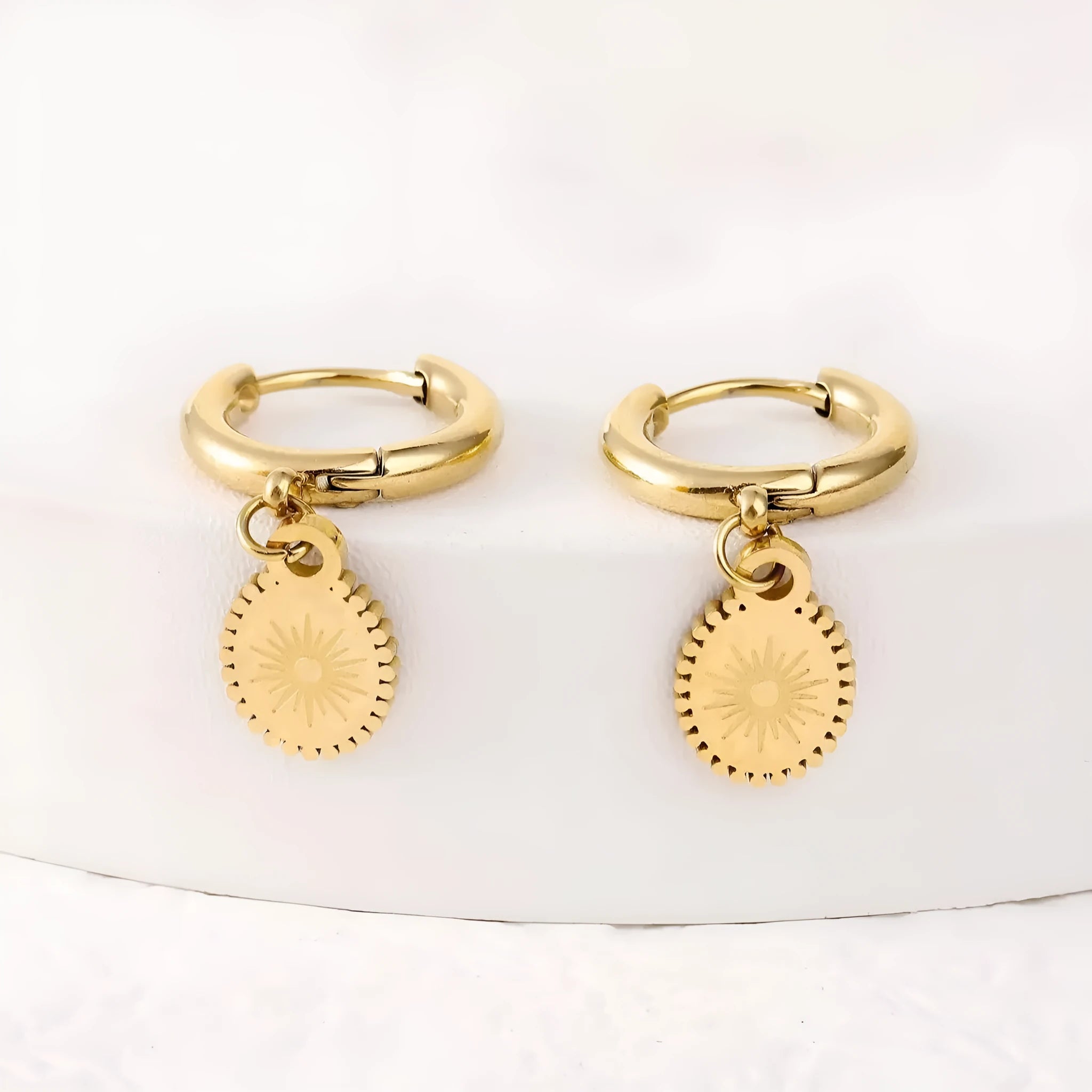 A pair of stainless steel ellipse-shaped button earrings for women on a plain background.