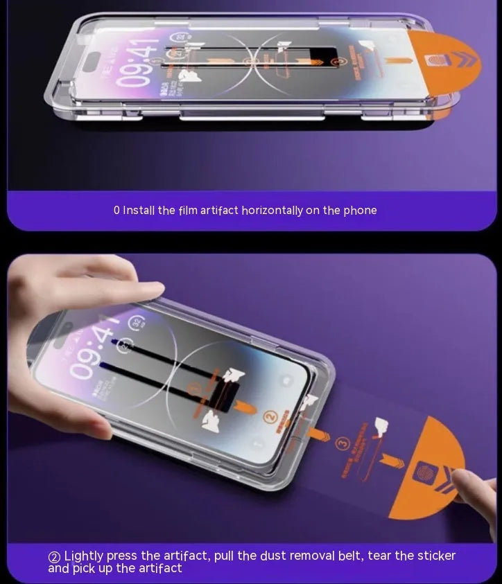iPhone tempered glass screen protector with dust-free warehouse design showing HD and privacy options