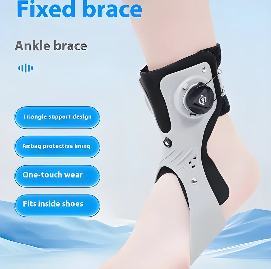 Grey and black ankle fixation brace with airbag button compression for training support